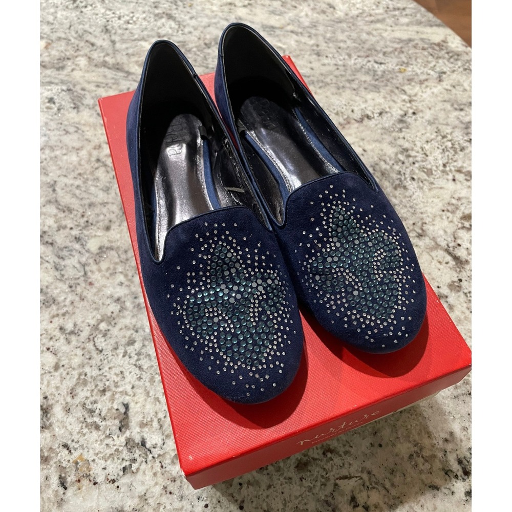 Nurture Navy Suede Rhinestone Fleur De Lis‎ Loafers Flats 7M Clairibelle
